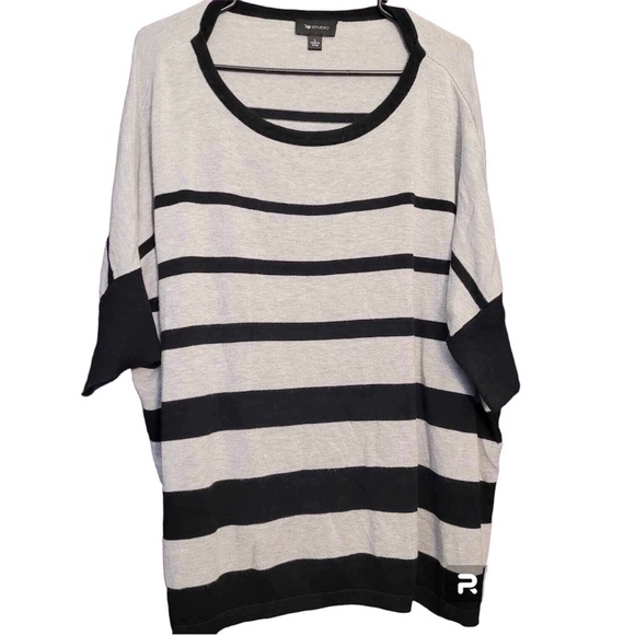 AB Studio Plus Size Black & White Striped Short Sleeve Oversized Sweater - Picture 1 of 7